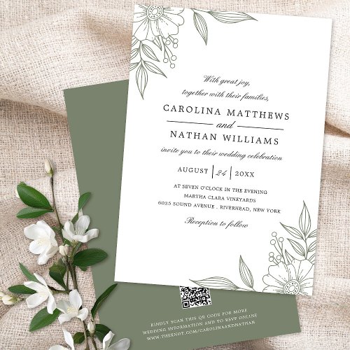 Elegant Floral Corners Wedding Sage Green QR Code Invitation