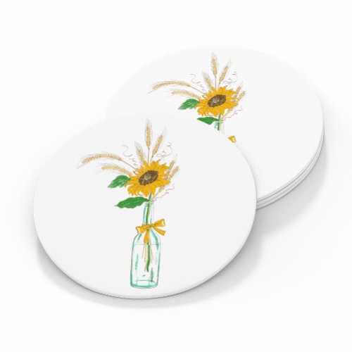 Elegant Floral Country Yellow Sunflowers Wedding Round Paper Coaster