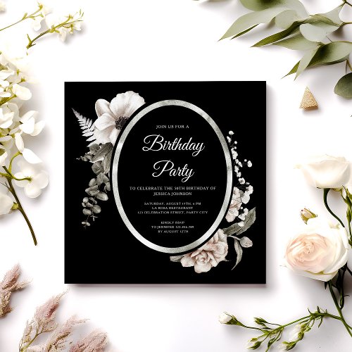 Elegant Floral Cream Black Birthday Tea Party Invitation