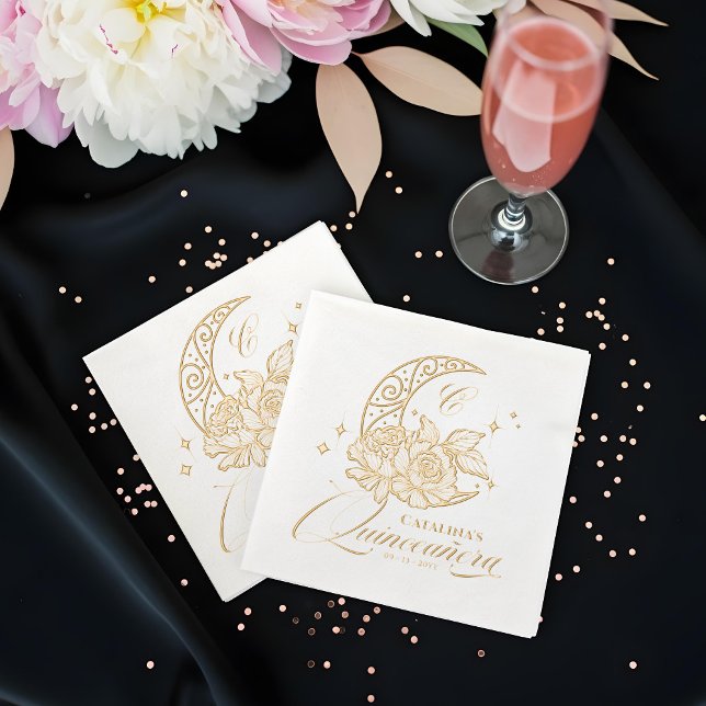 Elegant Floral Crescent Moon Monogram Quinceanera Foil Napkins (Elegant Floral Crescent Moon Monogram Quinceanera Foil Napkins)
