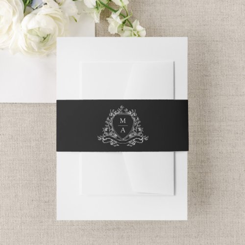 Elegant Floral Crest Black Monogram Wedding Invitation Belly Band