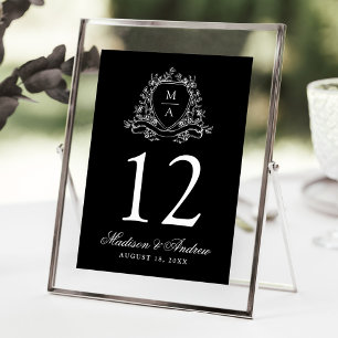 Elegant Floral Crest Black Wedding Table Number