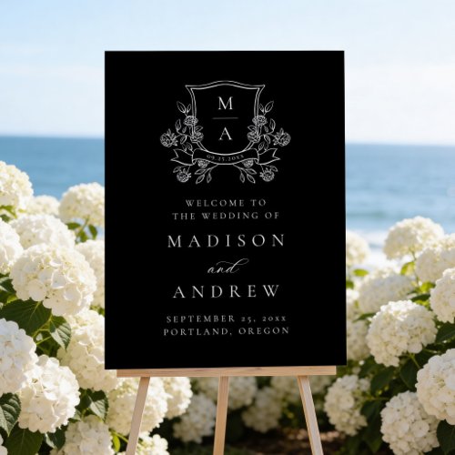 Elegant Floral Crest Black Wedding Welcome Sign