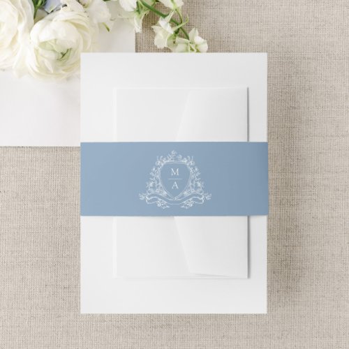 Elegant Floral Crest Blue Monogram Wedding Invitation Belly Band