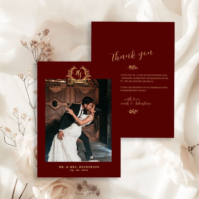 Elegant Floral Crest Burgundy Gold Thank You Card (Creator Uploaded)