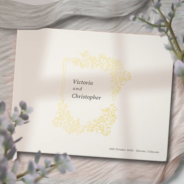 Elegant Floral Crest Classic Botanical Wedding Foil Guest Book (Elegant Romantic Wedding Guest Book with Gold Foil)