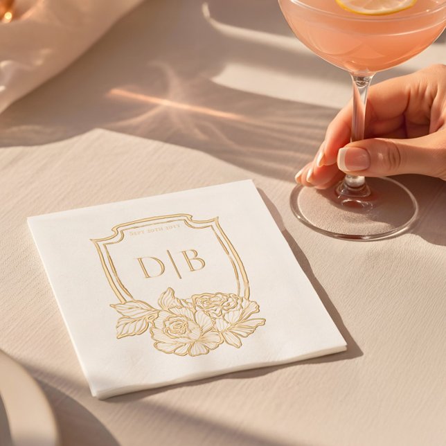 Elegant Floral Crest Couples Monogram Wedding Date Foil Napkins (Elegant Floral Crest Couples Monogram Wedding Date Foil Napkins)