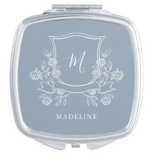 Elegant Floral Crest  Dusty Blue Monogram Compact Mirror