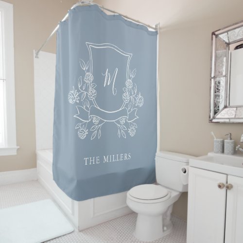 Elegant Floral Crest  Dusty Blue Monogram Shower Curtain