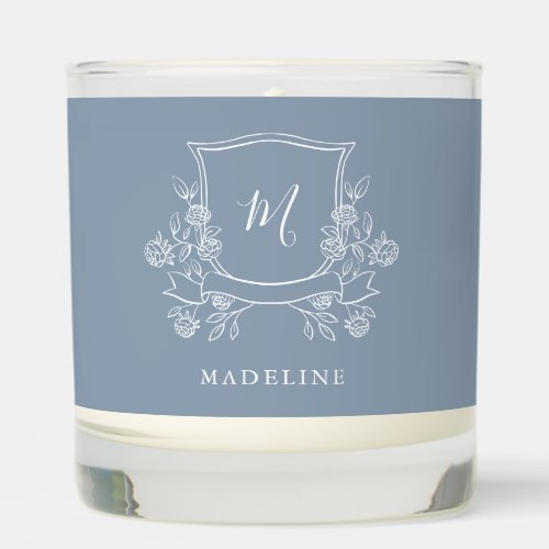 Elegant Floral Crest  Dusty Blue with Monogram Scented Candle