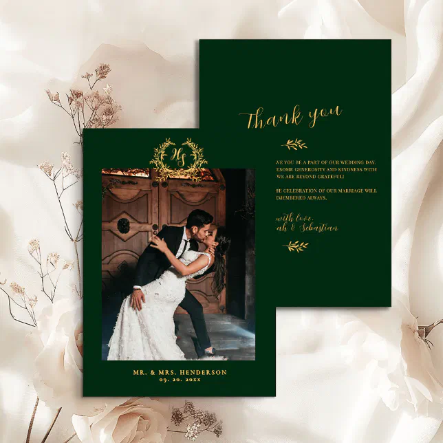 Elegant Floral Crest Emerald Gold Thank You Card | Zazzle
