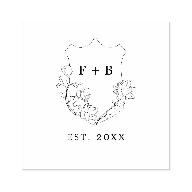 Elegant Floral Crest Established Monogram Wedding Rubber Stamp (Imprint)