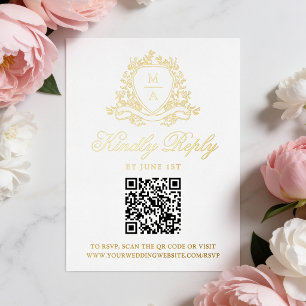 Elegant Floral Crest Gold Foil Wedding RSVP Card