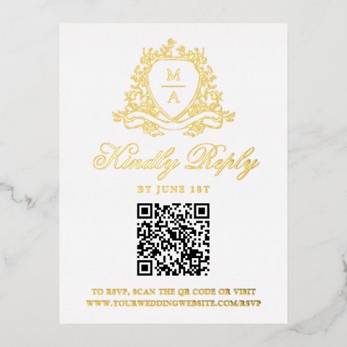 Elegant Floral Crest Gold Foil Wedding RSVP Card