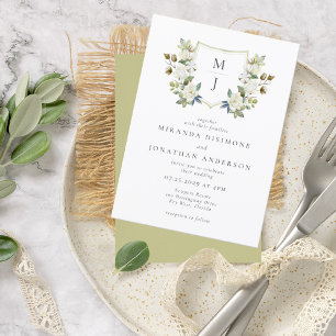 Elegant Floral Crest Green Monogram Wedding Invitation