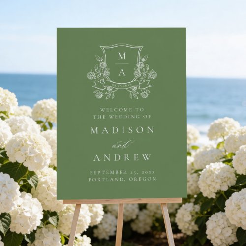 Elegant Floral Crest Green Wedding Welcome Sign