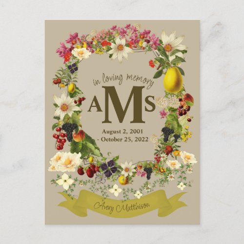 Elegant Floral Crest In Loving Memory Funeral  Postcard