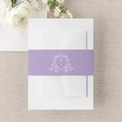 Elegant Floral Crest Lavender Monogram Wedding Invitation Belly Band
