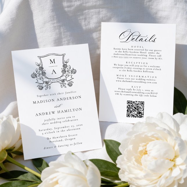 Elegant Floral Crest Monogram All in One Wedding Invitation (Creator Uploaded)