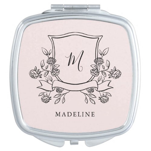 Elegant Floral Crest  Monogram and Name Blush Compact Mirror