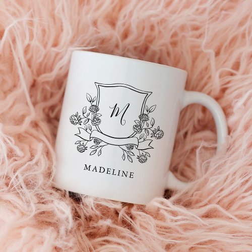 Elegant Floral Crest  Monogram and Name Coffee Mug