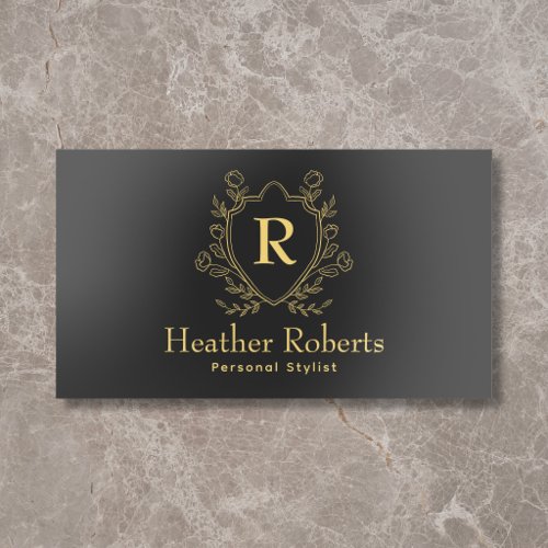 Elegant Floral Crest Monogram Black Foil Business Cards