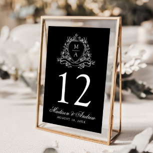 Elegant Floral Crest Monogram Black Wedding Table Number