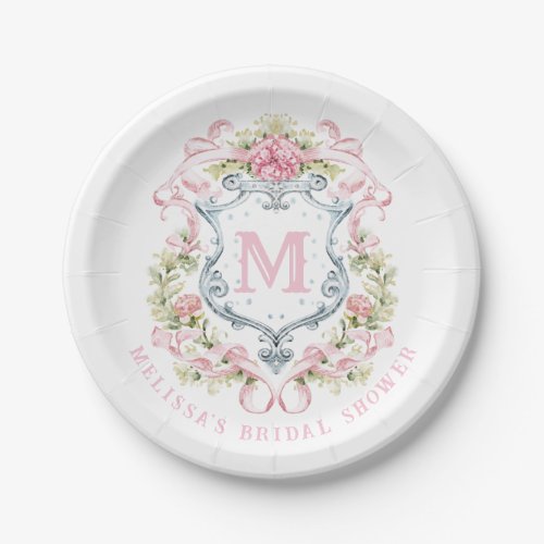 Elegant Floral Crest Monogram  Bridal Shower Paper Plates