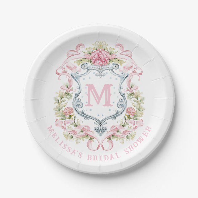 Elegant Floral Crest Monogram | Bridal Shower Paper Plates (Front)