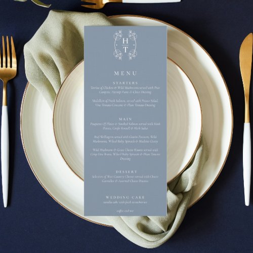 Elegant Floral Crest Monogram Dusty Blue Wedding  Menu