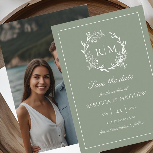 Elegant Floral Crest Monogram Photo Invitation (Elegant Floral Crest Monogram Photo Save the Date)