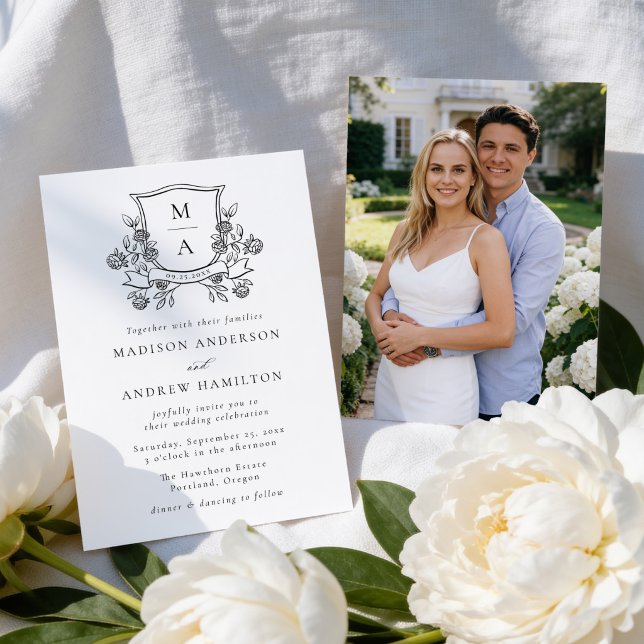 Elegant Floral Crest Monogram Photo Wedding Invitation (Creator Uploaded)