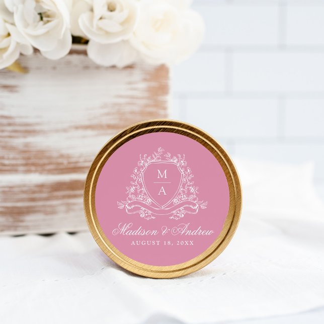 Elegant Floral Crest Monogram Pink Wedding Classic Round Sticker (Creator Uploaded)