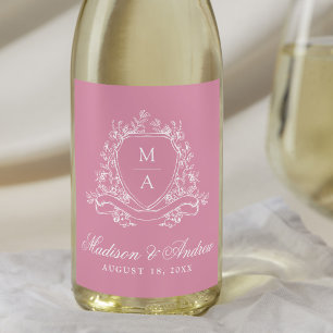 Elegant Floral Crest Monogram Pink Wedding Wine Label