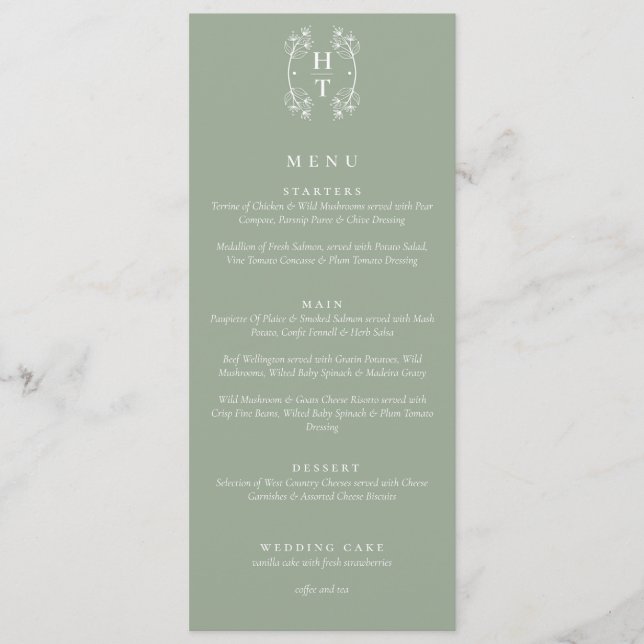 Elegant Floral Crest Monogram Sage Green Wedding Menu (Front)