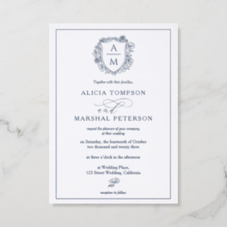 Elegant Floral Crest Monogram Wedding Letterpress Invitation
