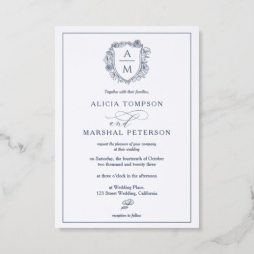 Elegant Floral Crest Monogram Wedding Letterpress Invitation