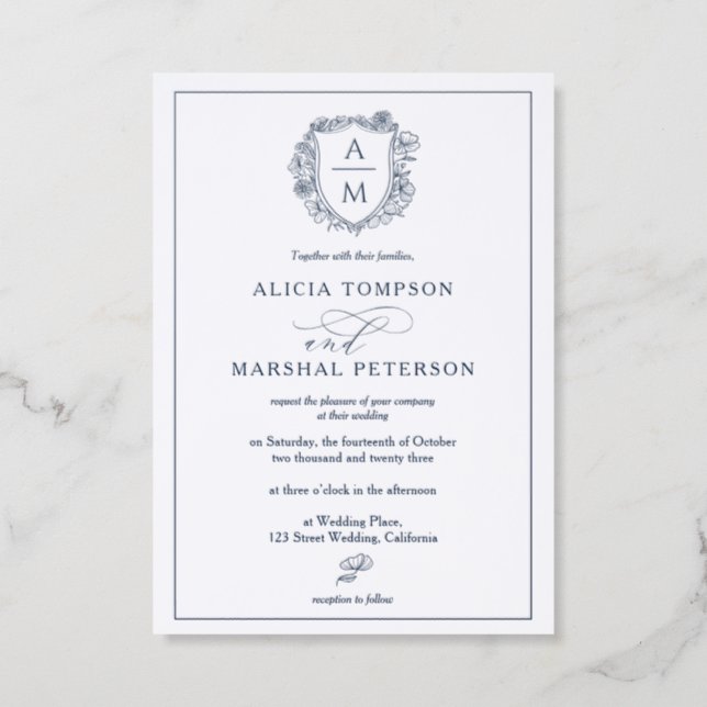 Elegant Floral Crest Monogram Wedding Letterpress Invitation (Front)