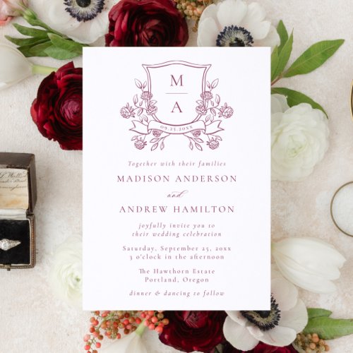 Elegant Floral Crest Monogram Wedding Letterpress Invitation