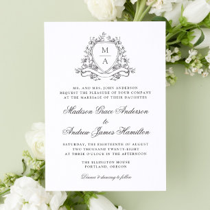 Elegant Floral Crest Monogram Wedding Letterpress Invitation