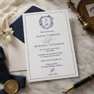 Elegant Floral Crest Monogram Wedding Letterpress Invitation