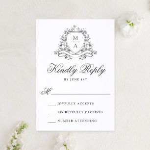 Elegant Floral Crest Monogram Wedding Letterpress RSVP Cards