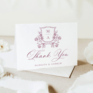Elegant Floral Crest Monogram Wedding Letterpress Thank You Card