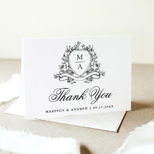 Elegant Floral Crest Monogram Wedding Letterpress Thank You Card