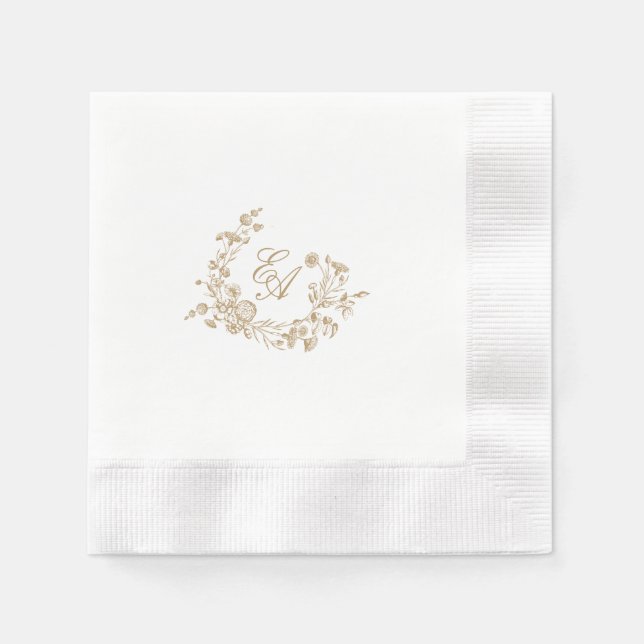 Elegant Floral Crest Monogram Wedding Napkin (Front)