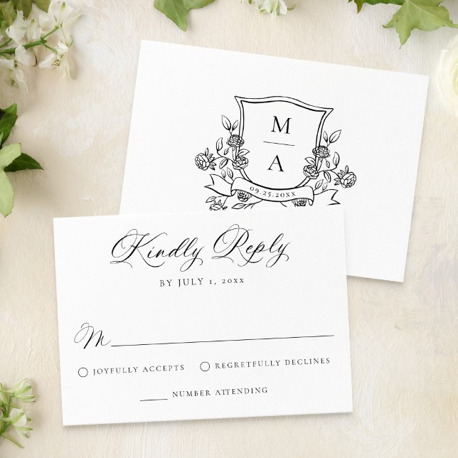 Elegant Floral Crest Monogram Wedding RSVP Card (Creator Uploaded)