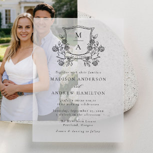 Elegant Floral Crest Monogram Wedding Vellum Invitations