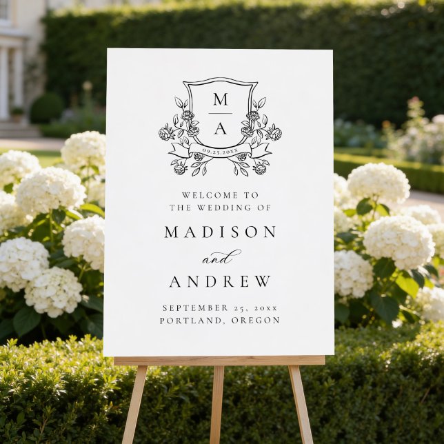 Elegant Floral Crest Monogram Wedding Welcome Sign (Creator Uploaded)