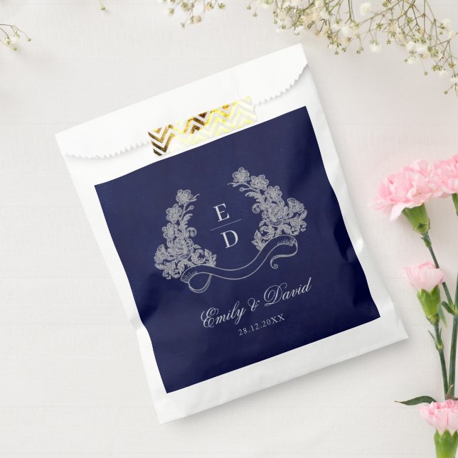 Elegant Floral Crest Navy Monogram Wedding Favor Bag (Sealed)