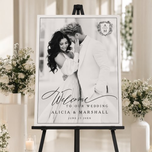 Elegant Floral Crest Photo Wedding Welcome Foam Board